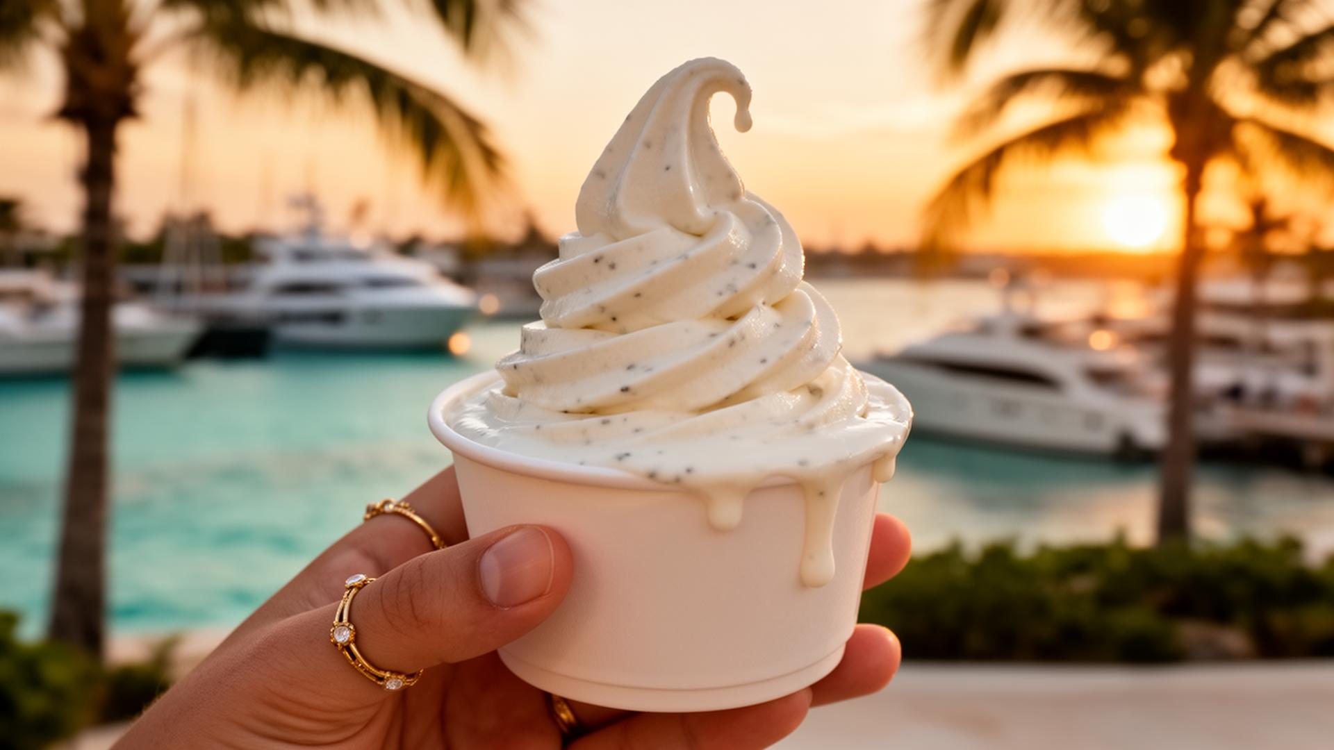 Frozen yogurt griego con perlas de chocolate sobre la marina de Cancún al atardecer