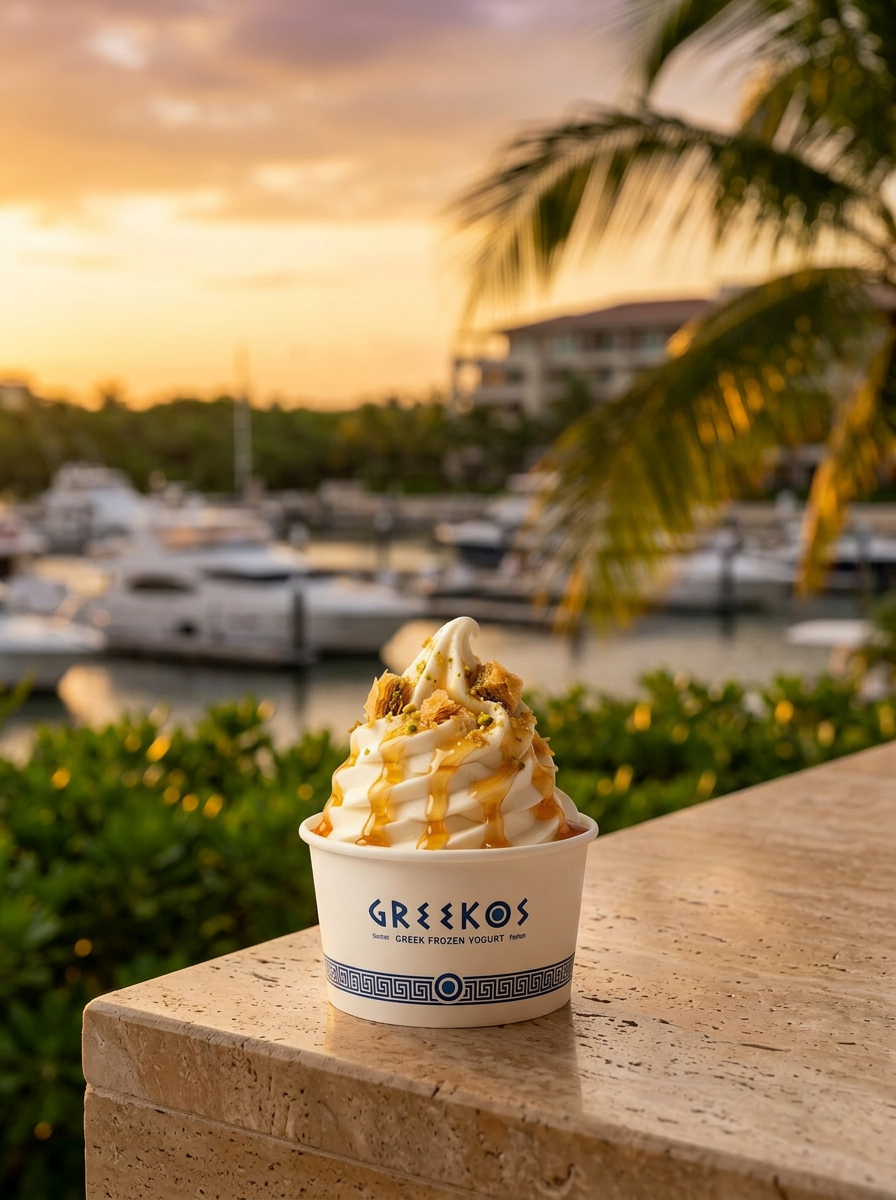 Frozen yogurt griego con perlas de chocolate sobre la marina de Cancún al atardecer